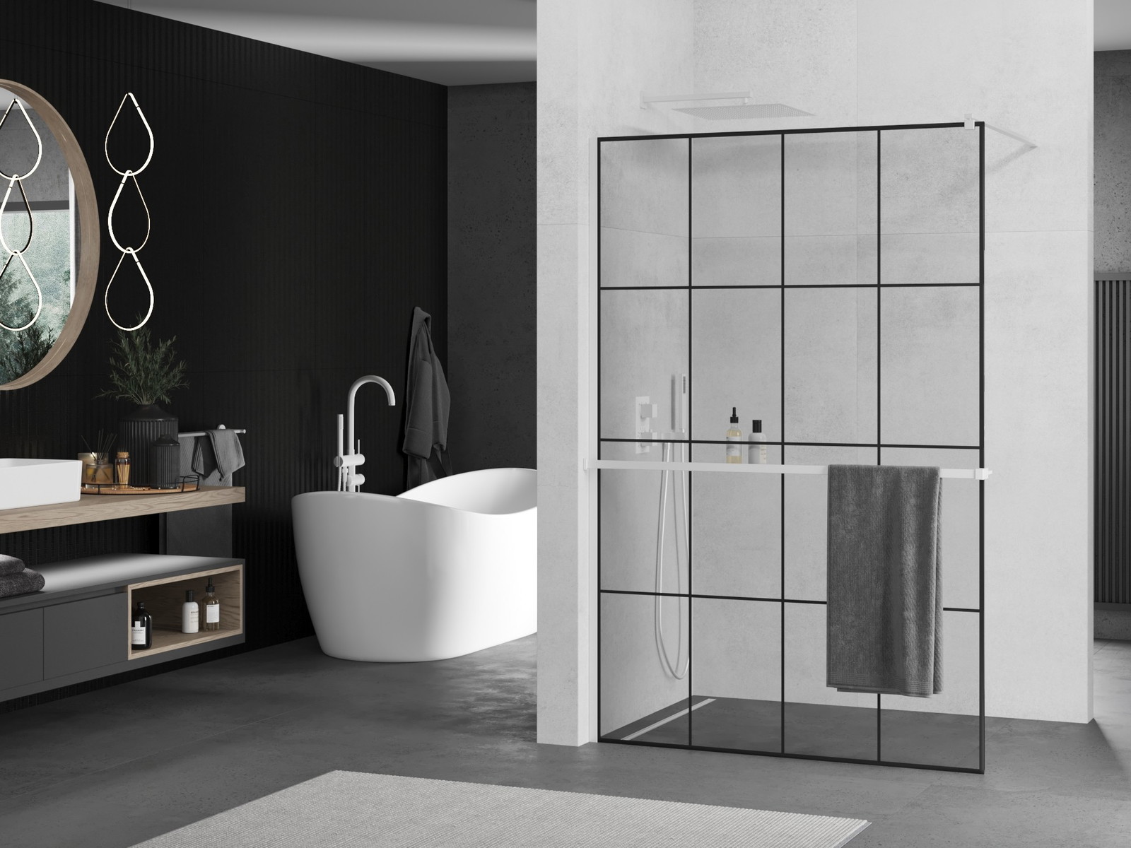 Mexen Kioto+ zuhanyfal polccal Walk-in 140 x 200 cm, fekete rács, fehér - 800-140-121-20-77